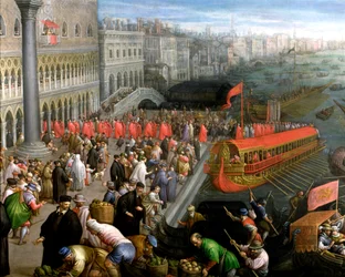 La Riva Degli Schiavoni en Venecia", detalle, actividad comercial y vestimenta en Venecia