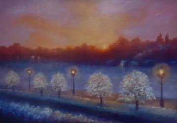 Frosty Riverside, Eel Pie Island, río Támesis, 2023 (óleo sobre lienzo)