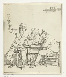Tres hombres fumando y bebiendo en la mesa.