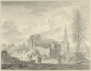Vista del Rapenburg en Leiden después del desastre de la pólvora del 12 de enero de 1807