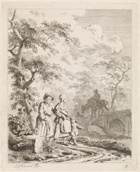 Anciano, mujer y niño en un camino forestal Paisajes con figuras (título de serie)
