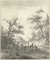Paisaje con un corral de cerdos en primer plano