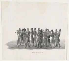 Músicos en la procesión de estudiantes de Leiden, 1835 ¡Hola Musa! (título en el objeto) Las actuaciones individuales que ascienden en poder de S.H. Estudiantes de Leidsche Hoogeschool el 9 de febrero de 1835, cerrado (título de la serie en el objeto)