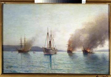 El gran duque Konstantin del torpedero ruso destruye los barcos turcos en el Bósforo en 1877 (El gran duque Konstantin del torpedero ruso destruye los barcos turcos en el Bósforo en 1877). Batalla naval de la guerra entre los Russi