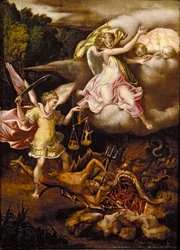 San Miguel sometiendo a Satanás y pesando las almas de los muertos
