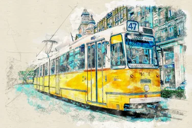 Acuarela de un tranvía urbano
