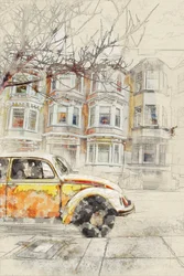 Boceto de la ciudad de los coches clásicos