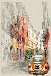 Boceto de la ciudad de los coches antiguos