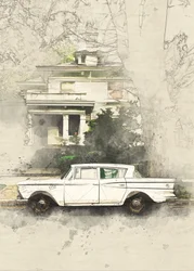 Boceto de un coche clásico y una casa antigua