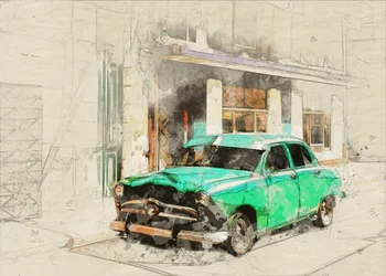 Boceto de un coche verde de época