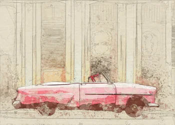 Boceto de un descapotable rosa vintage