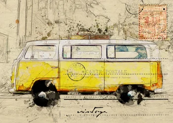 Boceto de un viaje en furgoneta amarilla