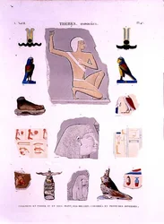 Ilustraciones de relieves pintados en fragmentos de piedra y madera Hipogeos, Tebas lámina 47 de Vol II de 
