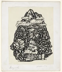 Paisaje de montaña con árboles y ganado