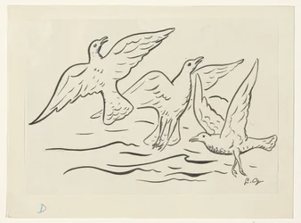 Tres pájaros en el cielo sobre el mar
