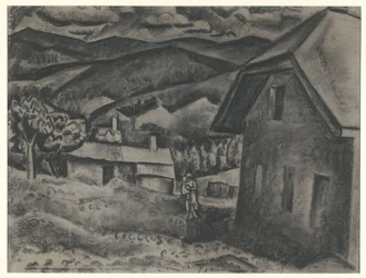 Paisaje con mujer con niño delante de una casa