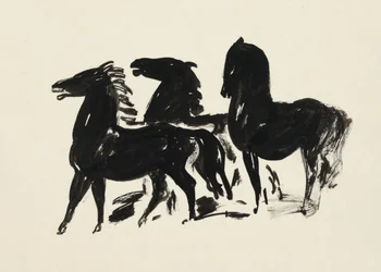 Tres caballos negros de pie mirando hacia la izquierda (1935-1936), dibujo en alta resolución de Leo Gestel