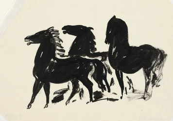 Tres caballos negros de pie mirando hacia la izquierda