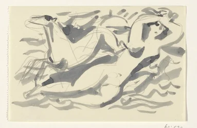 Mujer desnuda y caballo en el mar