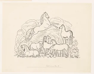 Hoja de estudio con ocho caballos