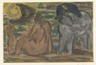 Dos figuras desnudas y un caballo junto al mar