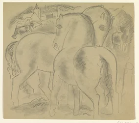 Dos caballos en un paisaje con vacas
