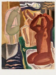 Dos mujeres bañándose y una figura en el puente  - Leo Gestel 60 x 80 cm, con borde blanco