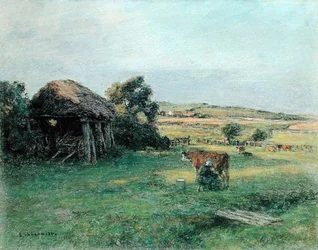 Paisaje con una campesina ordeñando una vaca, mediados de 1880