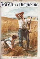 La cosecha. Campesinos segando el trigo en un campo. (basado en la acuarela de L. Lhermitte) Grabado en “Le sun-du-dimanche”, 6 de agosto