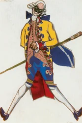 Battista, boceto de vestuario para el ballet según la comedia de CarloGoldoni " Les femmes de bonne humeur " (acuarela sobre papel)