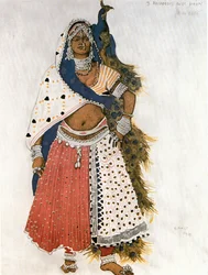 Bayadere y pavo real, boceto de vestuario para el ballet de ReynaldoHahn " Dieu Bleu " - el Dios Azul (acuarela, lápiz de color y plata sobre papel)