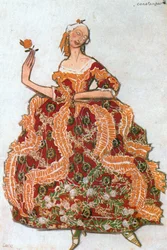 Constanza, boceto de vestuario para el ballet según la comedia de CarloGoldoni " Les femmes de bonne humeur " (acuarela sobre papel)