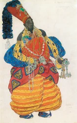 Traje del jefe-eunuco, para el ballet " Sheherezade " de Rimski-Korsakov (acuarela, lápiz y oro sobre papel)