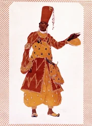 Traje del gran eunuco dibujado por Lev Samoilovich Rosenberg llamado Leon Bakst para el ballet “Sheherazade” compuesto por Nikolai Andreyevich Rimsky-Korsakov