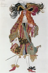 Boceto de vestuario para Galisson, el tutor del Príncipe, del ballet " La Belle au Bois Dormant " dePeter I (acuarela, lápiz sobre papel)