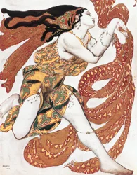 Boceto de vestuario para una Bacante, del ballet " Narciso ", poema mitológico con música deN (acuarela, gouache, lápiz, oro, plata sobre papel)