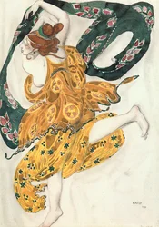 Boceto de vestuario para una mujer beocia, del ballet " Narciso ", poema mitológico con música deN (acuarela, gouache, lápiz, oro, plata sobre papel)