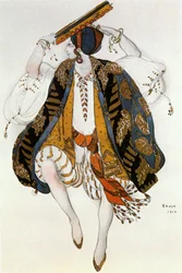 Boceto de vestuario para un baile judío para A (acuarela, gouache y lápiz de color sobre papel)