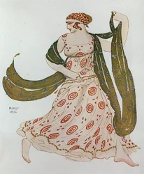 Boceto de vestuario para la danza griega de " Cleopatra " de Alexander Arensky (acuarela y lápiz sobre papel)