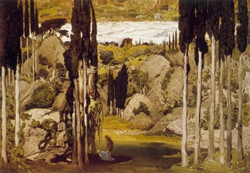 Decorado por Léon Bakst, pintor y decorador ruso, basado en una acuarela original, para el ballet "Daphnis et Chloé" de Maurice Ravel