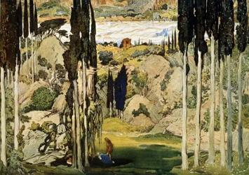 Escenografía del ballet Dafnis y Cloe de Maurice Ravel (1875-1937). Pintura de Leon Bakst (1866-1924). Acuarela y gouache sobre papel, 74 x 103,5 cm.