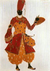 Eunuco, boceto de vestuario para el ballet Sheherezade de Nicolai Rimski-Korsakov (acuarela y oro sobre papel)