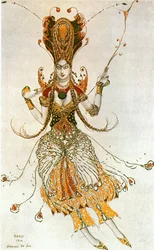 Pájaro de fuego, boceto de vestuario para el ballet de Igor Stravinski (acuarela, lápiz de color y oro sobre papel)