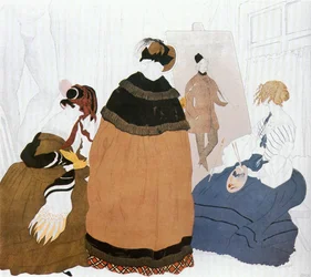 En el estudio de una pintora, boceto para el cartel de la exposición de pintores rusos (acuarela, gouache y lápiz de color sobre papel y cartón)