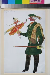 El inglés, vestuario para el ballet la boutique fantasque de Gioachino Rossini - Obra de Leon Bakst (1866-1924), litografía 1919 - (Diseño de vestuario para el ballet ""The Magic Toy Shop"" de Gioachino Rossini, de Leon Bakst, Color litografía