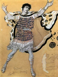 Mensajero, boceto de vestuario para la tragedia de Eurípides " Hipólita " (acuarela, gouache, lápiz de color y plata sobre papel)