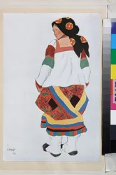 Mujer campesina, diseño de vestuario para el Vaudeville Old Moscow, en el teatro Femina, París (Francia) - Obra de Leon Bakst (1866-1924), litografía 1922 - (Mujer campesina, Diseño de vestuario para el Vaudeville Old Moscow, en el Teatro Femina en París, 