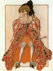 La mujer de Putifar, boceto de vestuario para el ballet y mimodrama " Josephslegende " de Richard Strauss (acuarela, lápiz de color y oro sobre papel)