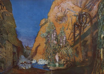 Diseño de escenario para el Ballet Dios Azul por R. Hahn, 1912