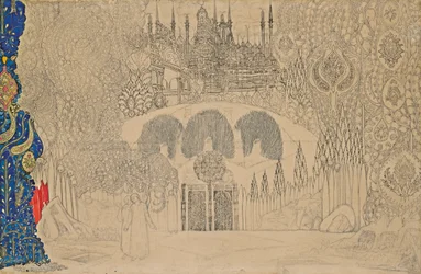 Diseño de escenario para el ballet El pájaro de fuego de I. Stravinsky, 1909-1910